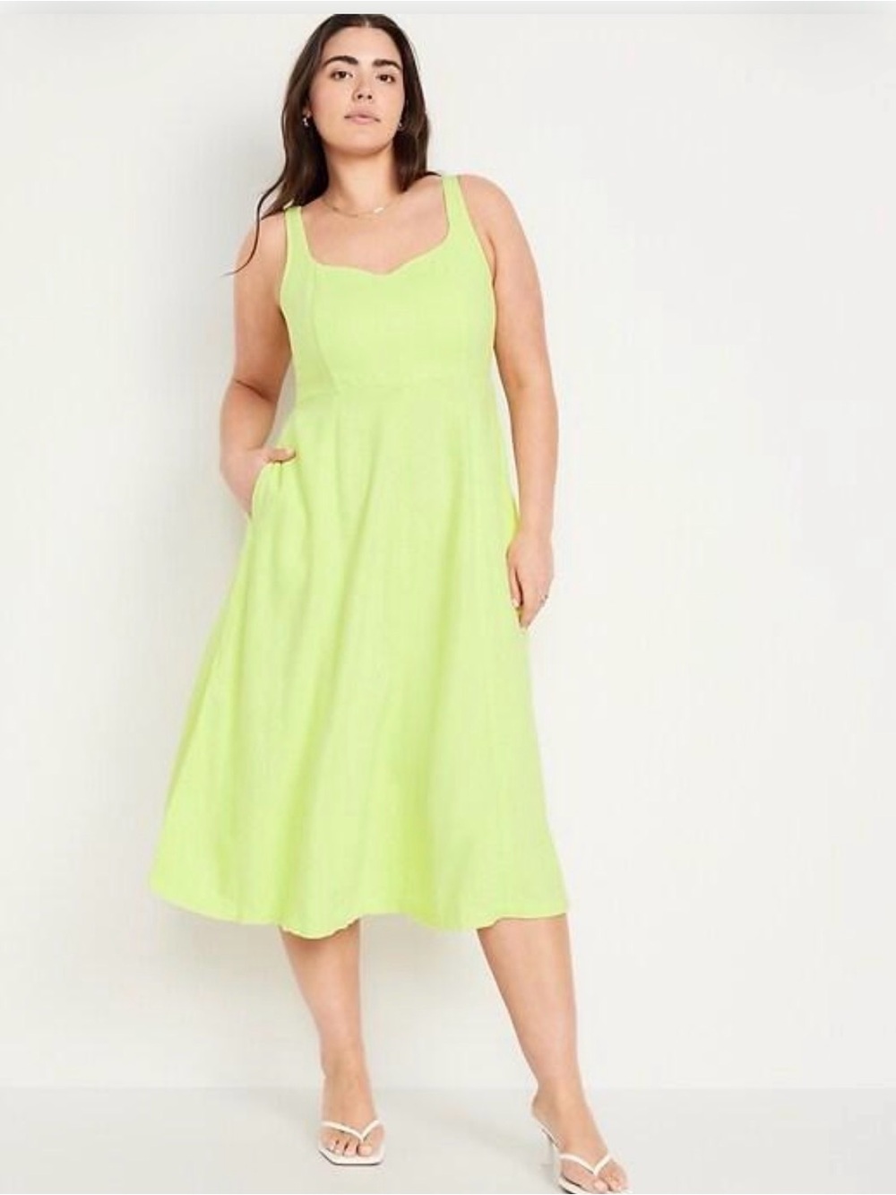 Old Navy Fit & Flare Sleeveless Linen-Blend Midi Dress Green Tall